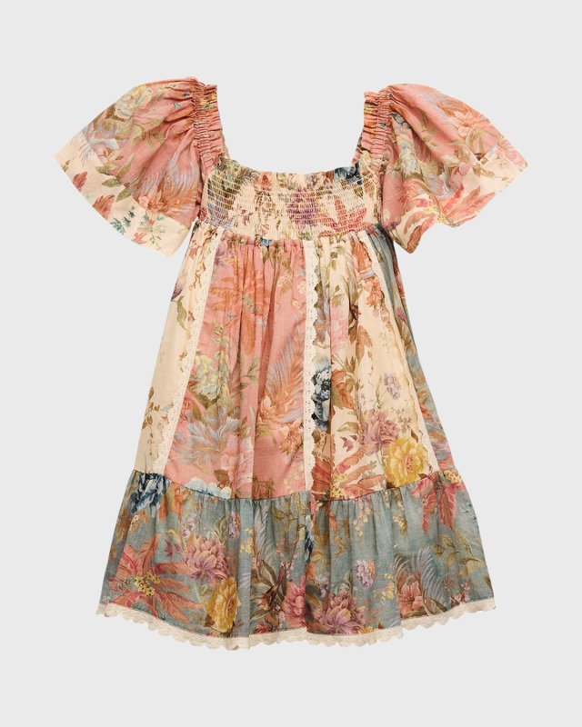 Girl's Tallow Smocked Floral-Print Patchwork-Print Frill Dress, Size 2-12